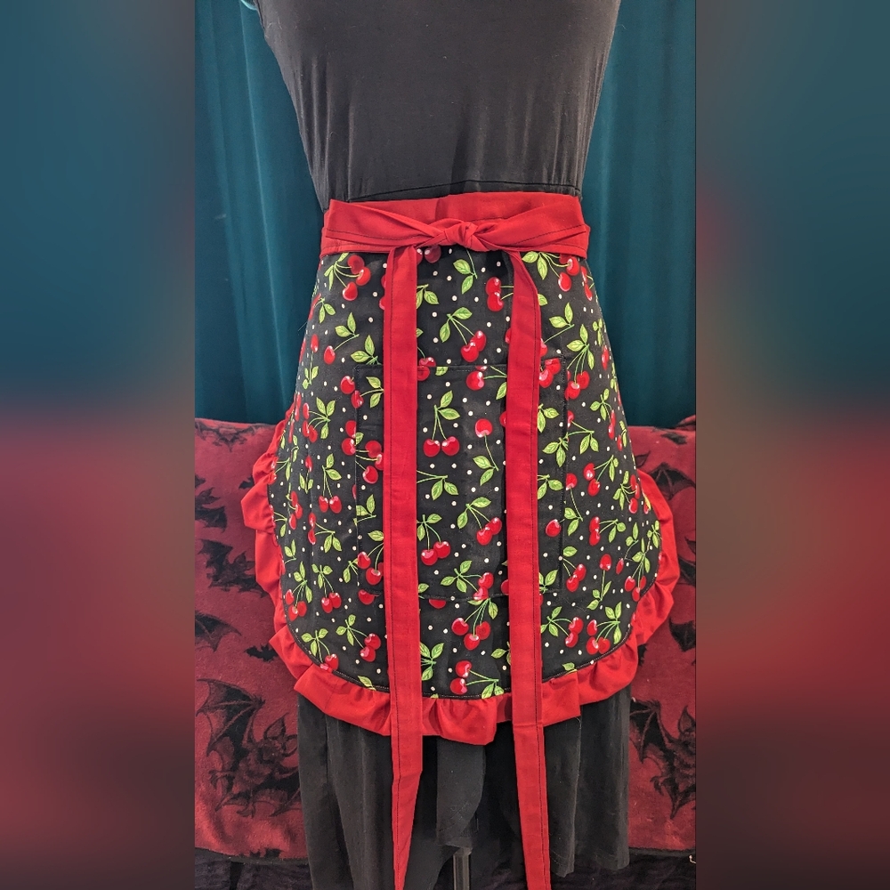 FOR DMCORMIER Reversible Handmade Handcrafted Half Apron - Cherry Red